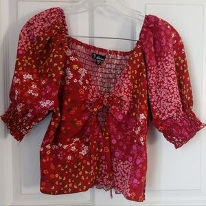 Rainbow Red Floral Tie-Front Puff Sleeve Blouse